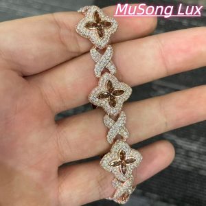 VVS Moissanite 925 Sterling Silver Miami Bracelet 9mm 8 inches, rose gold set with brown gemstones.