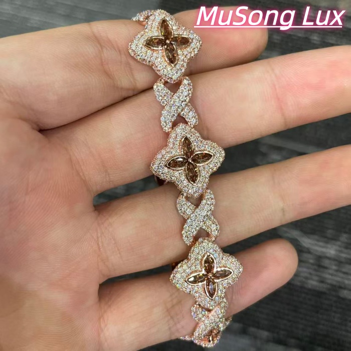 VVS Moissanite 925 Sterling Silver Miami Bracelet 9mm 8 inches, rose gold set with brown gemstones.