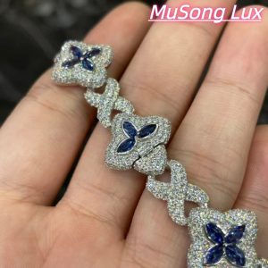 VVS Moissanite 925 Sterling Silver Miami Bracelet 9mm 8 inches, set with blue gemstones.