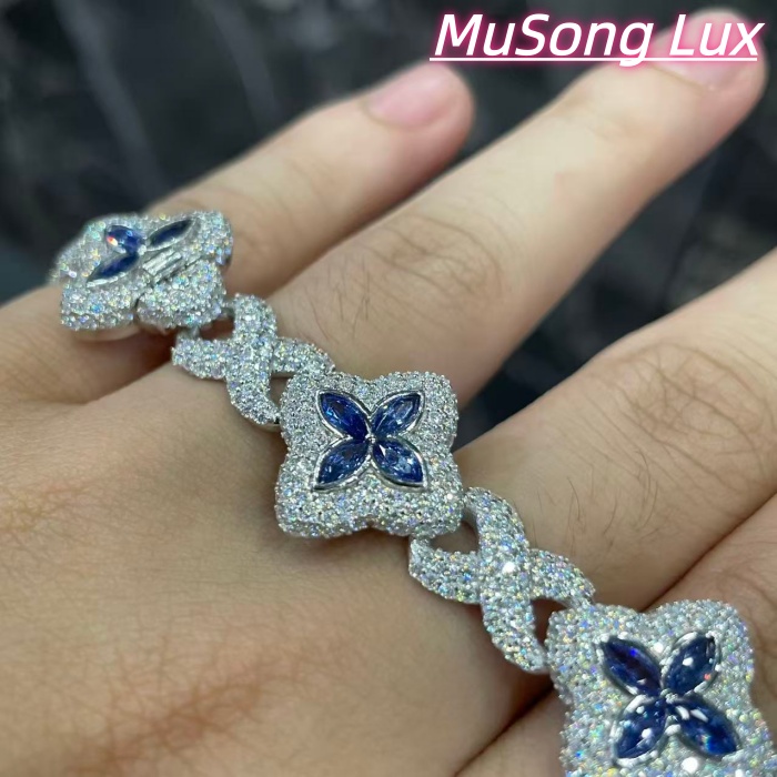 VVS Moissanite 925 Sterling Silver Miami Bracelet 9mm 8 inches, set with blue gemstones.