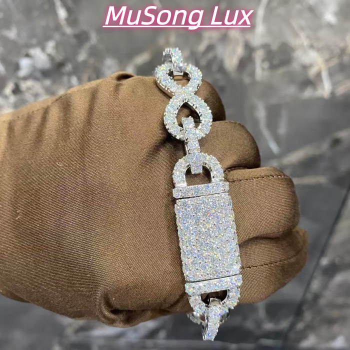 VVS Moissanite 925 Sterling Silver Bracelet, 16mm (8 inches), set with large diamonds.