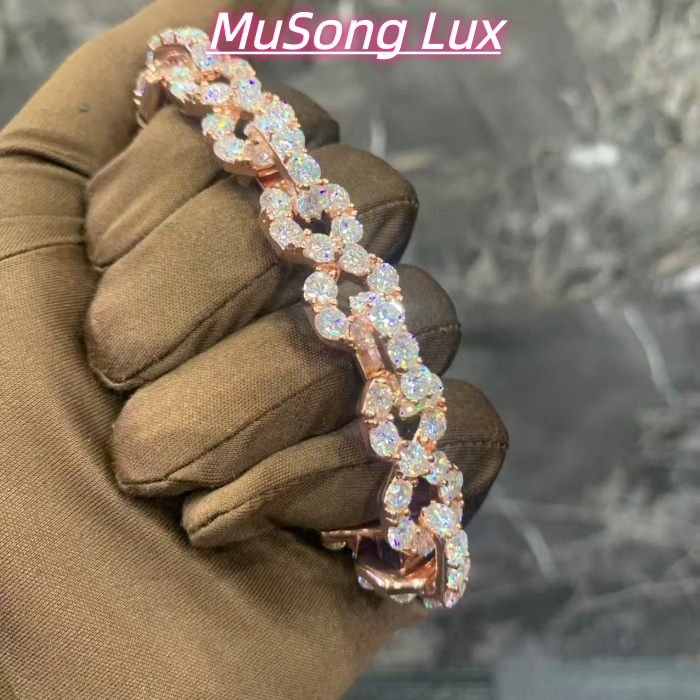VVS Moissanite 925 Sterling Silver Bracelet, 17mm (8 inches), rose gold, set with large diamonds.
