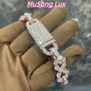VVS Moissanite 925 Sterling Silver Bracelet, 17mm (8 inches), rose gold, set with large diamonds.