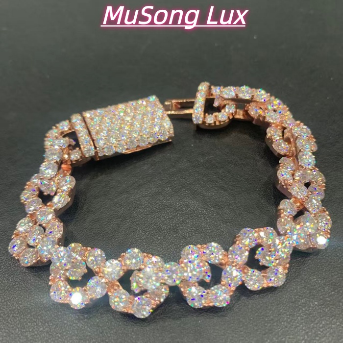 VVS Moissanite 925 Sterling Silver Bracelet, 17mm (8 inches), rose gold, set with large diamonds.
