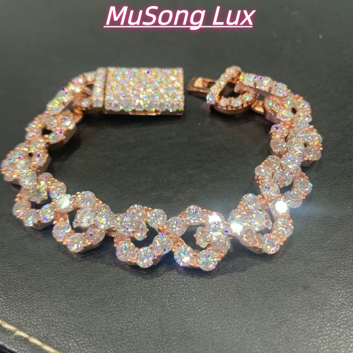 VVS Moissanite 925 Sterling Silver Bracelet, 17mm (8 inches), rose gold, set with large diamonds.