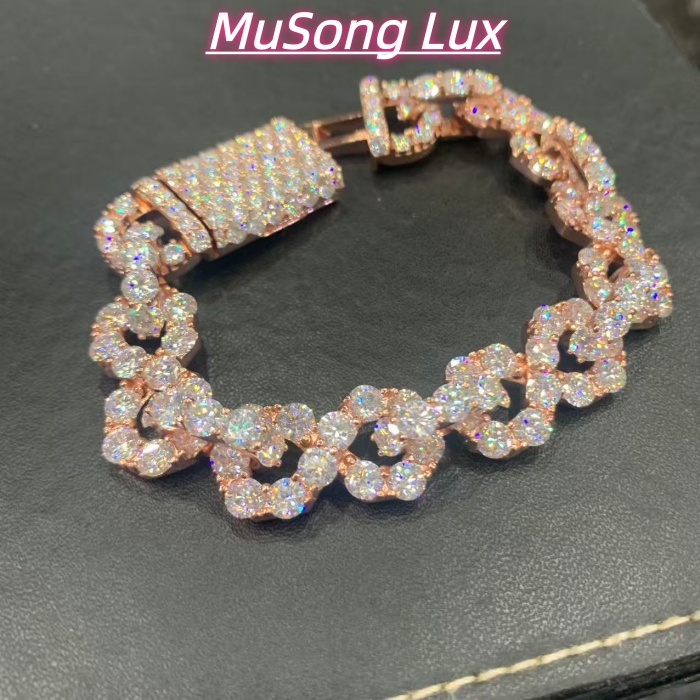 VVS Moissanite 925 Sterling Silver Bracelet, 17mm (8 inches), rose gold, set with large diamonds.