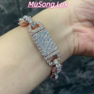 VVS Moissanite 925 Sterling Silver Bracelet, 17mm (8 inches), rose gold, set with large diamonds.