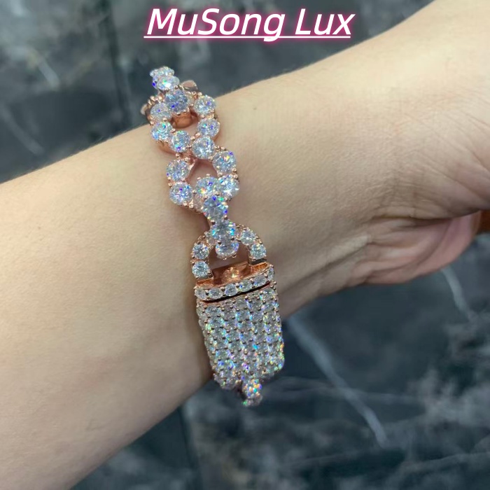 VVS Moissanite 925 Sterling Silver Bracelet, 17mm (8 inches), rose gold, set with large diamonds.