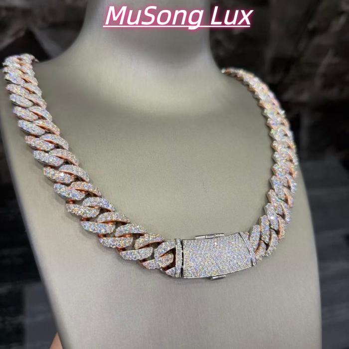 VVS Moissanite 925 Sterling Silver Miami Cuban Chain Two-tone Rose Gold 16mm 23inches