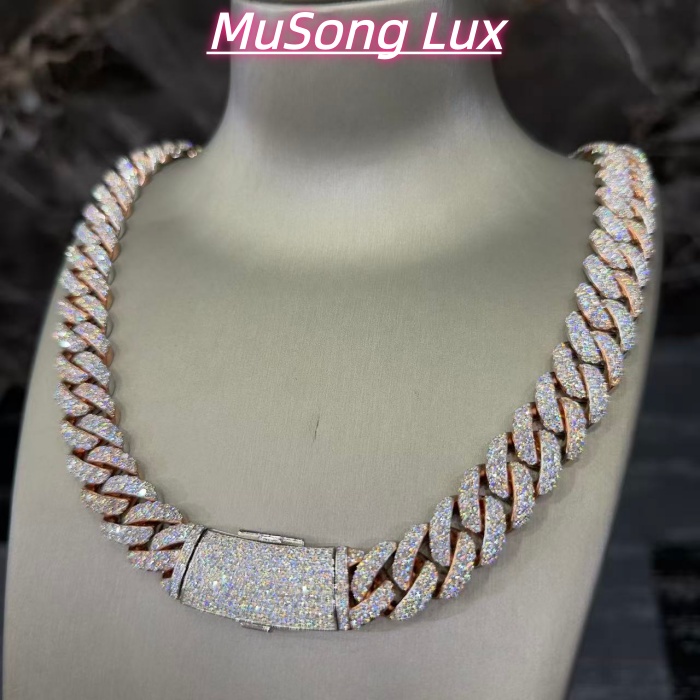VVS Moissanite 925 Sterling Silver Miami Cuban Chain Two-tone Rose Gold 16mm 23inches